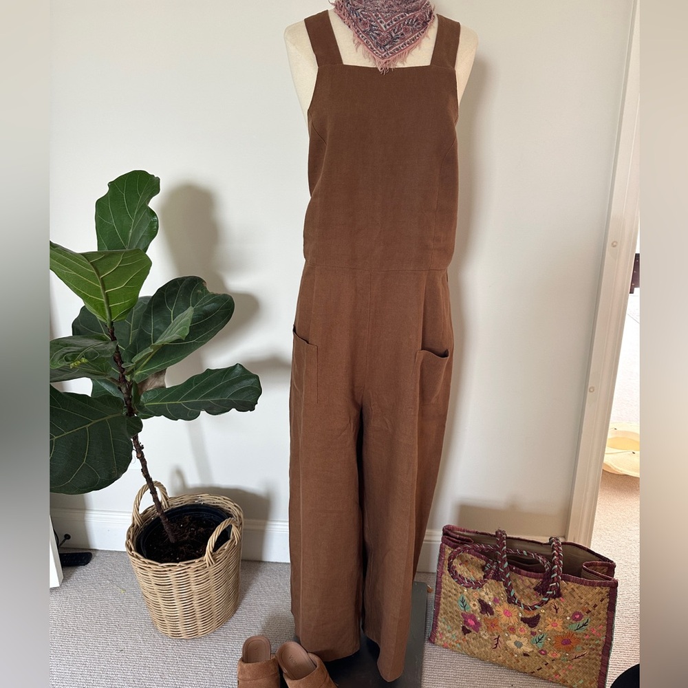 Ovate Brown Linen-Blend Wide-Leg apron back Jumpsuit